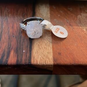 Bomb party lab created white ice crystal ring with hematite plating. Size 6